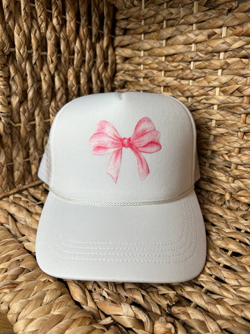 White Trucker Hat With Pink Bow