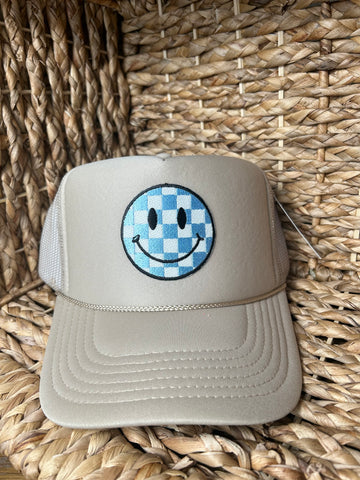 Blue Checkered Smile Face Trucker Hat