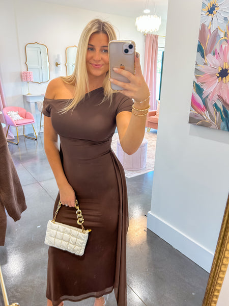 Chocolate Off The Shoulder Ruched Maxi Dress