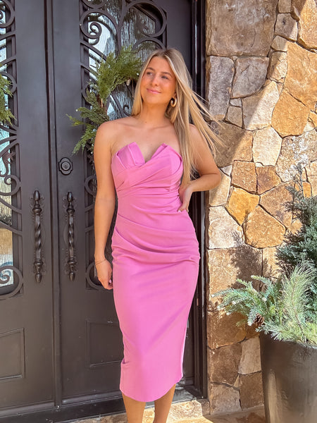 Totally Darling Ruched Tube Midi Dress