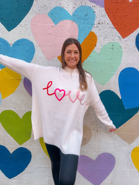 Oversized Love Embroidery Rib Knit Sweater