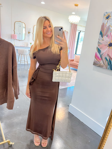 Chocolate Off The Shoulder Ruched Maxi Dress