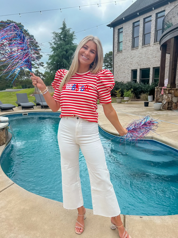 America Red & White Striped Puff Sleeve Top