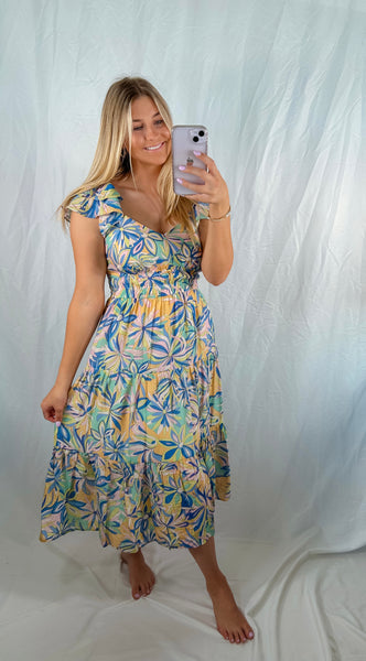 Whispering Muse Blue Floral Midi Dress
