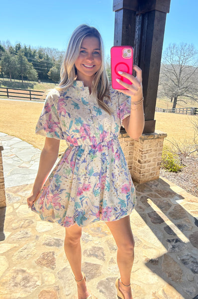 Eyelet Lace Floral Bubble Hem Mini Dress