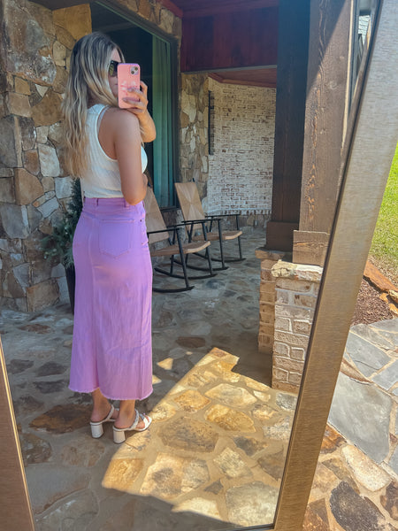 The Everly High Waisted Purple Denim Skirt