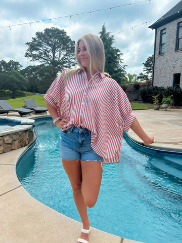 Red & White Striped Oversized Button Down Shirt