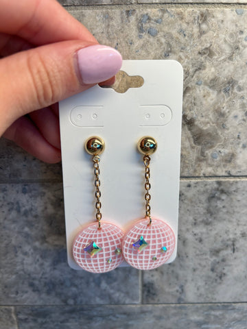 Pink Disco Ball Dangle Earrings