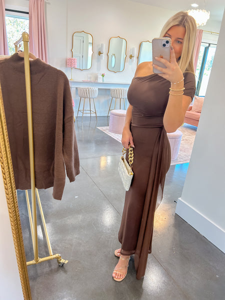 Chocolate Off The Shoulder Ruched Maxi Dress