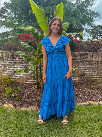 Blue V-Neck Ruffle Tiered Maxi Dress