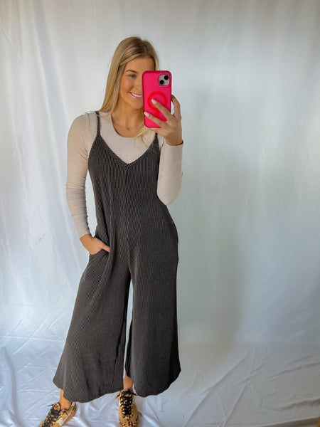 Black Wide Leg Textured Knit Jumpsuit