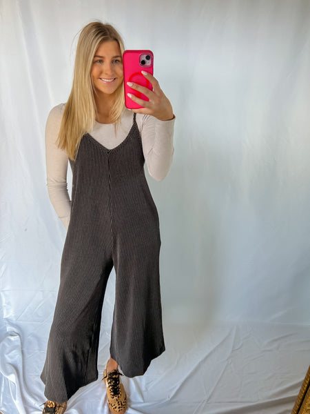 Black Wide Leg Textured Knit Jumpsuit