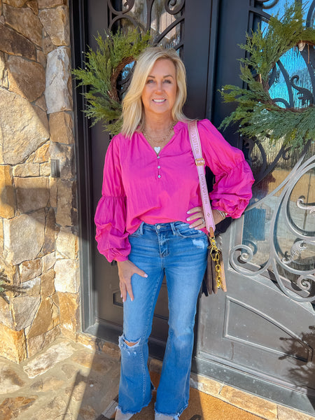 Cute Energy Pink Puff Sleeve Detail Blouse