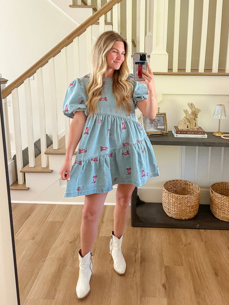 Lets Rodeo Pink Cowboy Boot Denim Dress