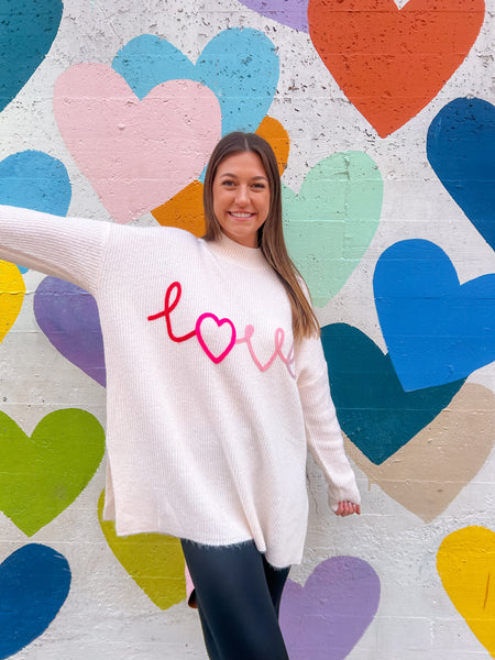 Oversized Love Embroidery Rib Knit Sweater