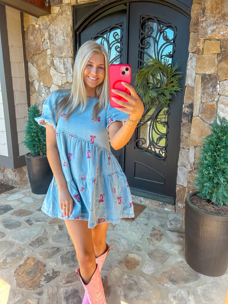 Lets Rodeo Pink Cowboy Boot Denim Dress