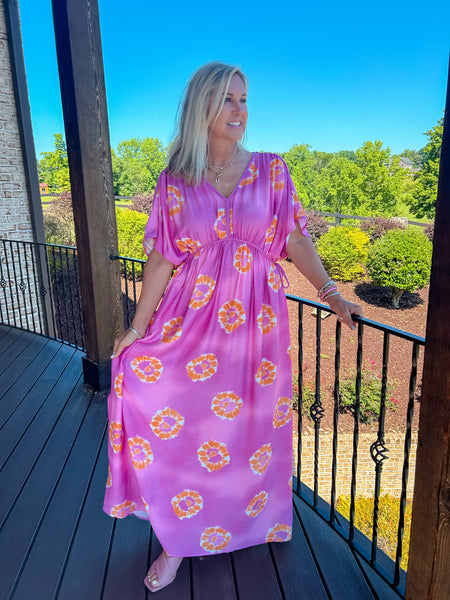 Tropical Shoreline Pink Printed Poly Crepe Maxi Dress