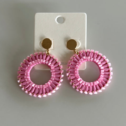 Beaded And Wrapped Pink Raffia Round Earrings