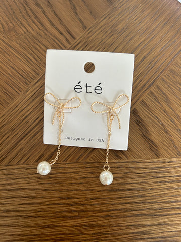 Wire Bow & Pearl Drop Earrings