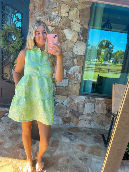 Sage Lime Floral Jacquard Sleeveless Mini Dress