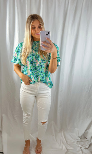 Floral Galore Mock Neck Green & Blue Top