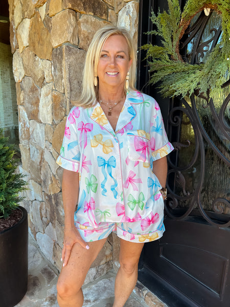 Bow Satin Multi Color Pajama Set (1 LARGE LEFT)