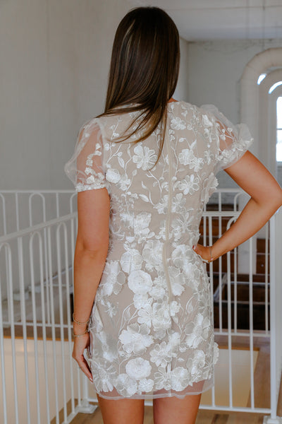 White/Nude Floral Applique Mesh Mini Dress