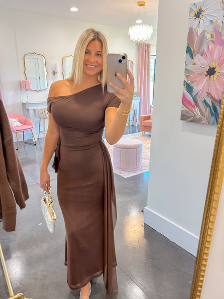 Chocolate Off The Shoulder Ruched Maxi Dress
