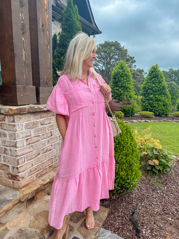 Powder Pink Washed Button Down Shirt Dress