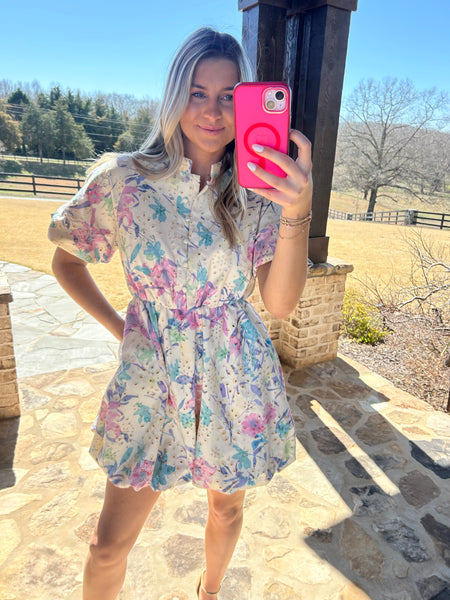 Eyelet Lace Floral Bubble Hem Mini Dress