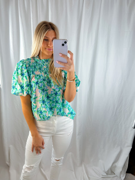 Floral Galore Mock Neck Green & Blue Top
