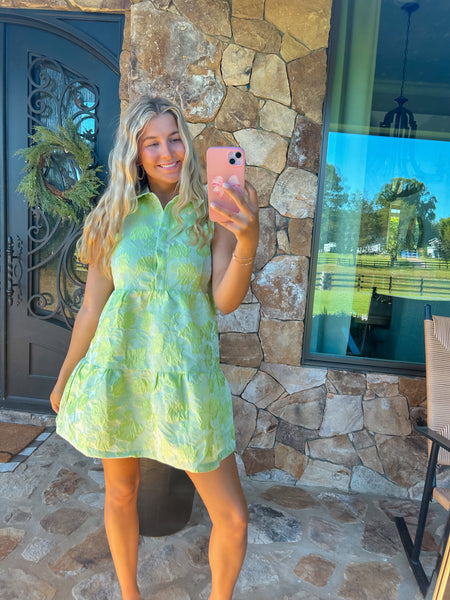 Sage Lime Floral Jacquard Sleeveless Mini Dress