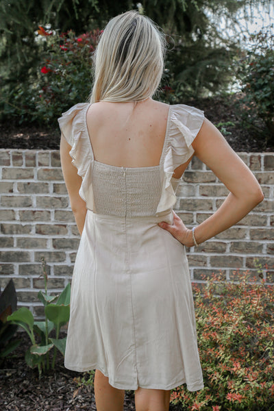 Sand Gathered Detail Ruffle Sleeve Dress