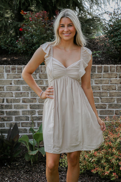 Sand Gathered Detail Ruffle Sleeve Dress