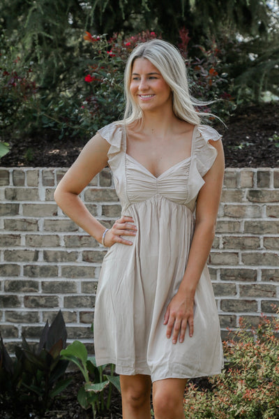 Sand Gathered Detail Ruffle Sleeve Dress