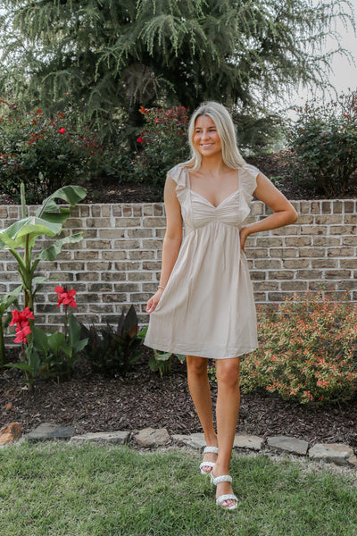 Sand Gathered Detail Ruffle Sleeve Dress