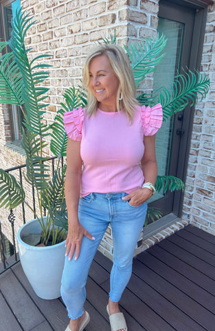 Cool Pink Contrast Shoulder Ruffle Knit Top