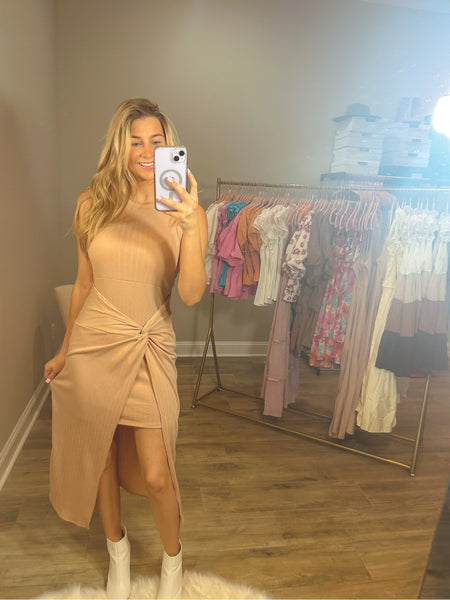 Expecting You Beige Layered Midi Dress