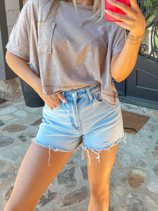 Light Washed High Rise Distressed Jean Shorts