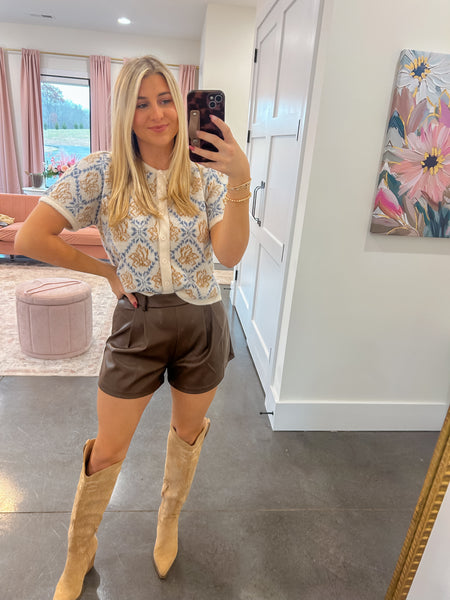 Leather Pleated Brown Shorts