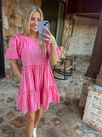 Sweetly Surprised Pink Checkered Dress