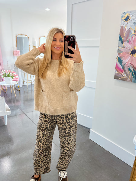 Comfy Chic Taupe Front Patch Pocket Sweater