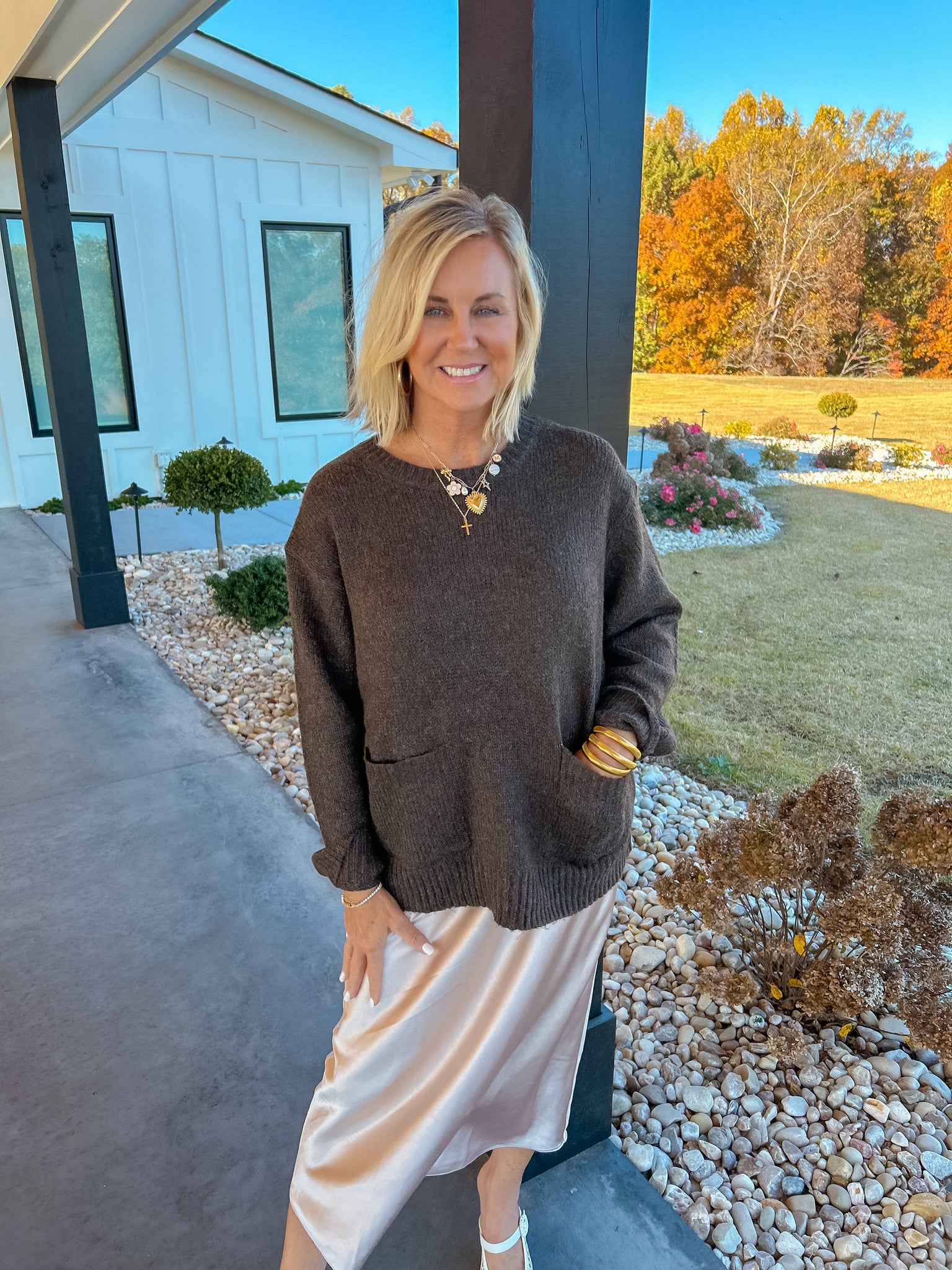 Comfy Chic Dark Brown Front Patch Pocket Sweater