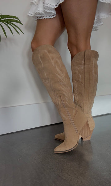 The Bronco Almond | Knee High Cowboy Western Boots