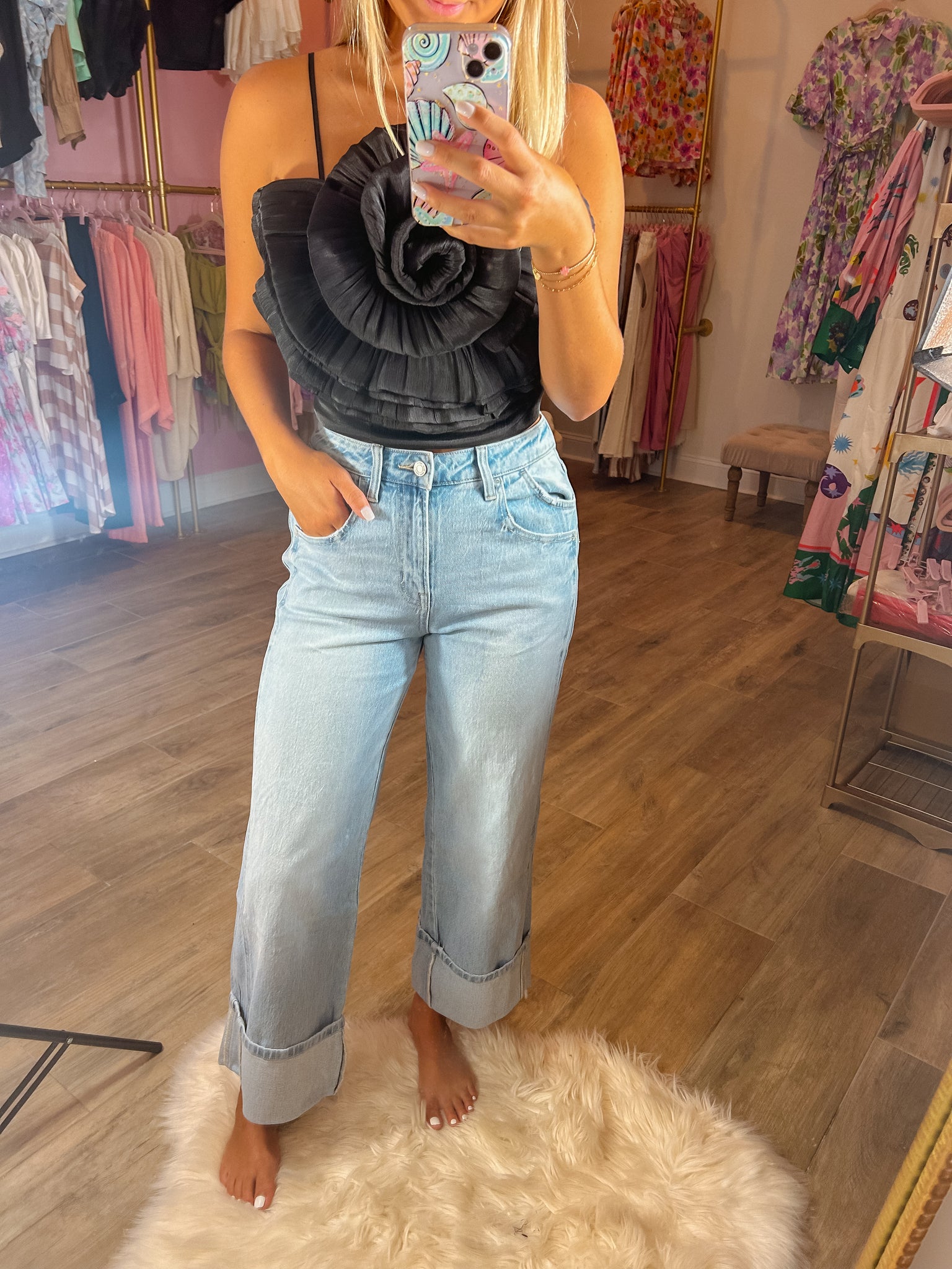 High Rise Cuff Baggy Wide Leg Jeans