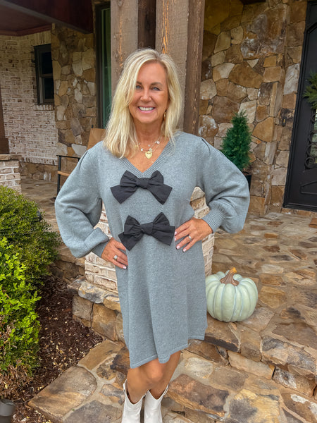 Small Town Cutie Oversized Grey Sweater Dress With Bows