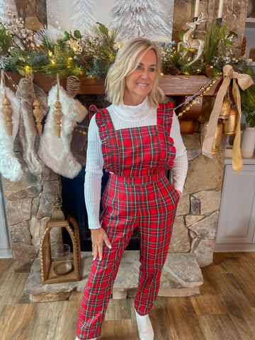 Christmas Checkered Plaid Ruffled Strap Jumpsuit Overalls