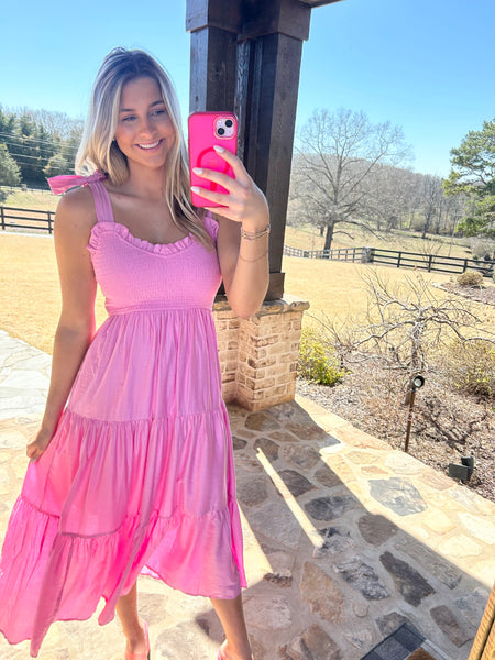 Emelia Sweetheart Smocked Pink Midi Dress