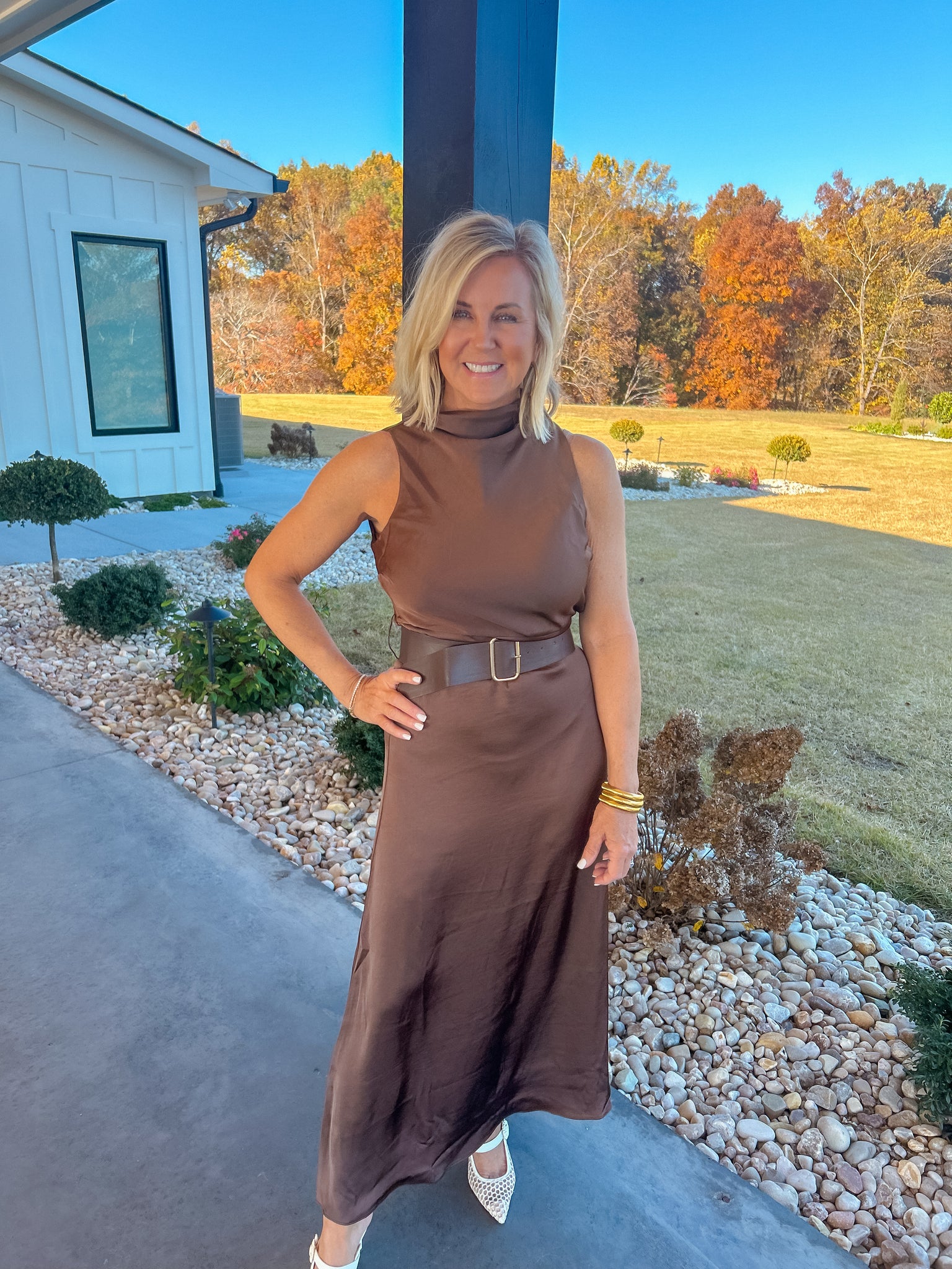 City Socialite Satin Belted Brown Dress