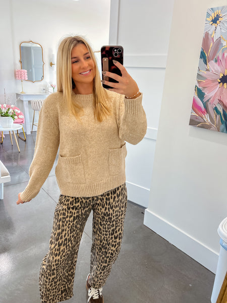 Comfy Chic Taupe Front Patch Pocket Sweater